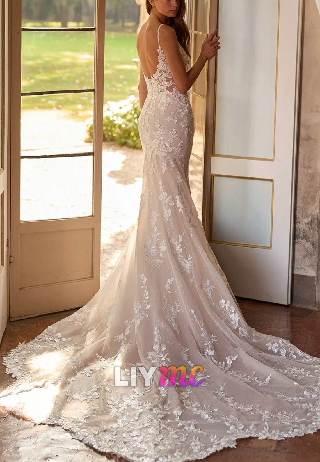 Low Back Mermaid Lace Wedding Dress with Chapel Train