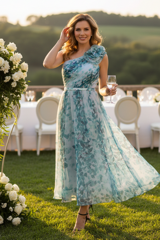 One-Shoulder Floral Chiffon Midi Dress