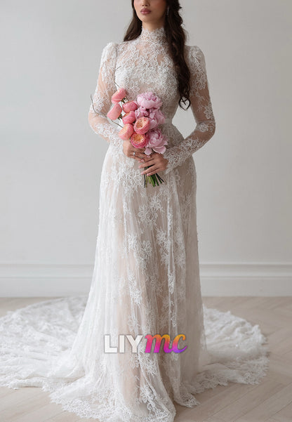 High-Neck Long Sleeve Lace A-Line Wedding Dress