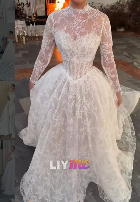 Illusion High Neck Long Sleeve Lace Ball Gown