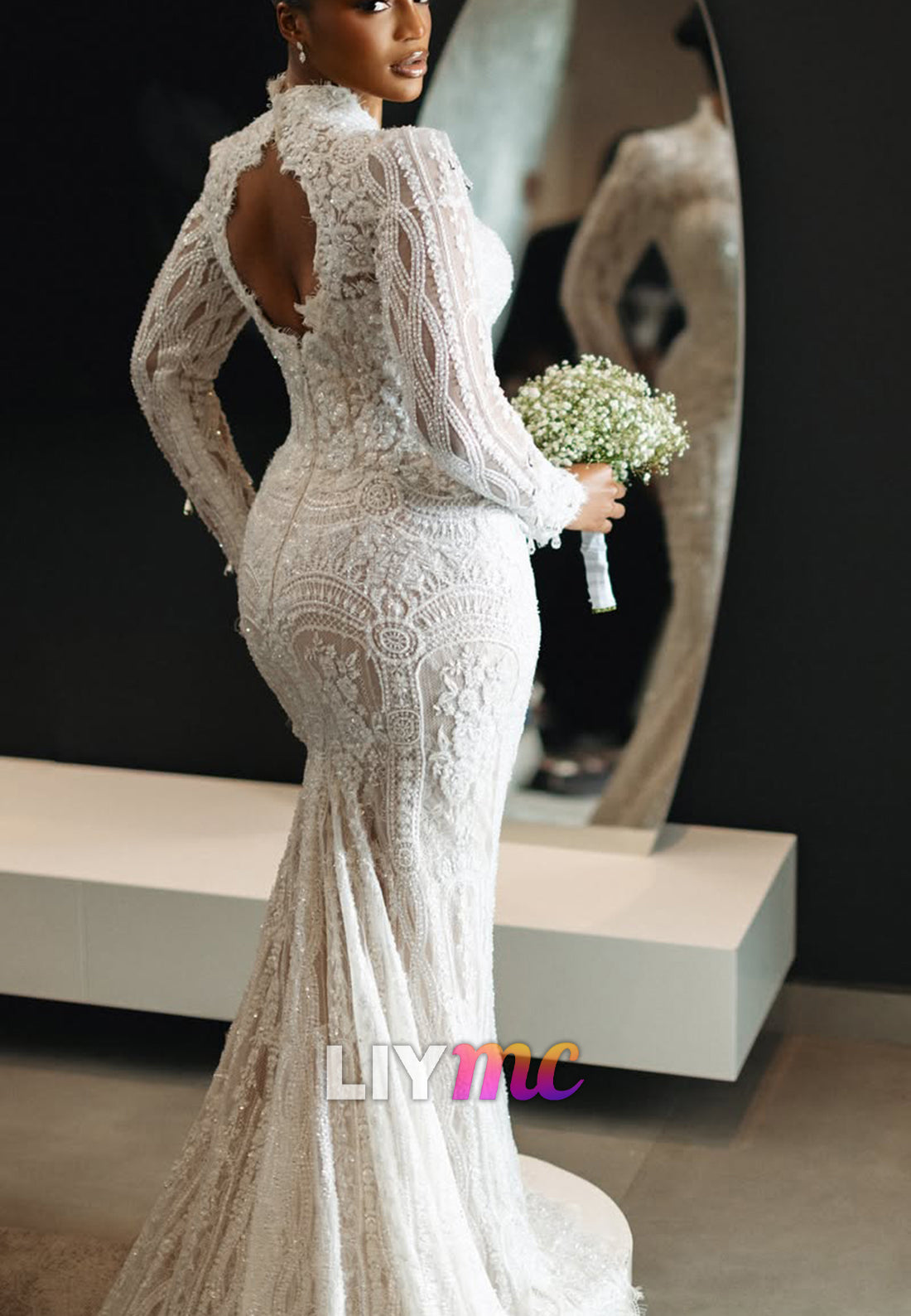 High Neck Beaded Lace Mermaid Wedding Dress