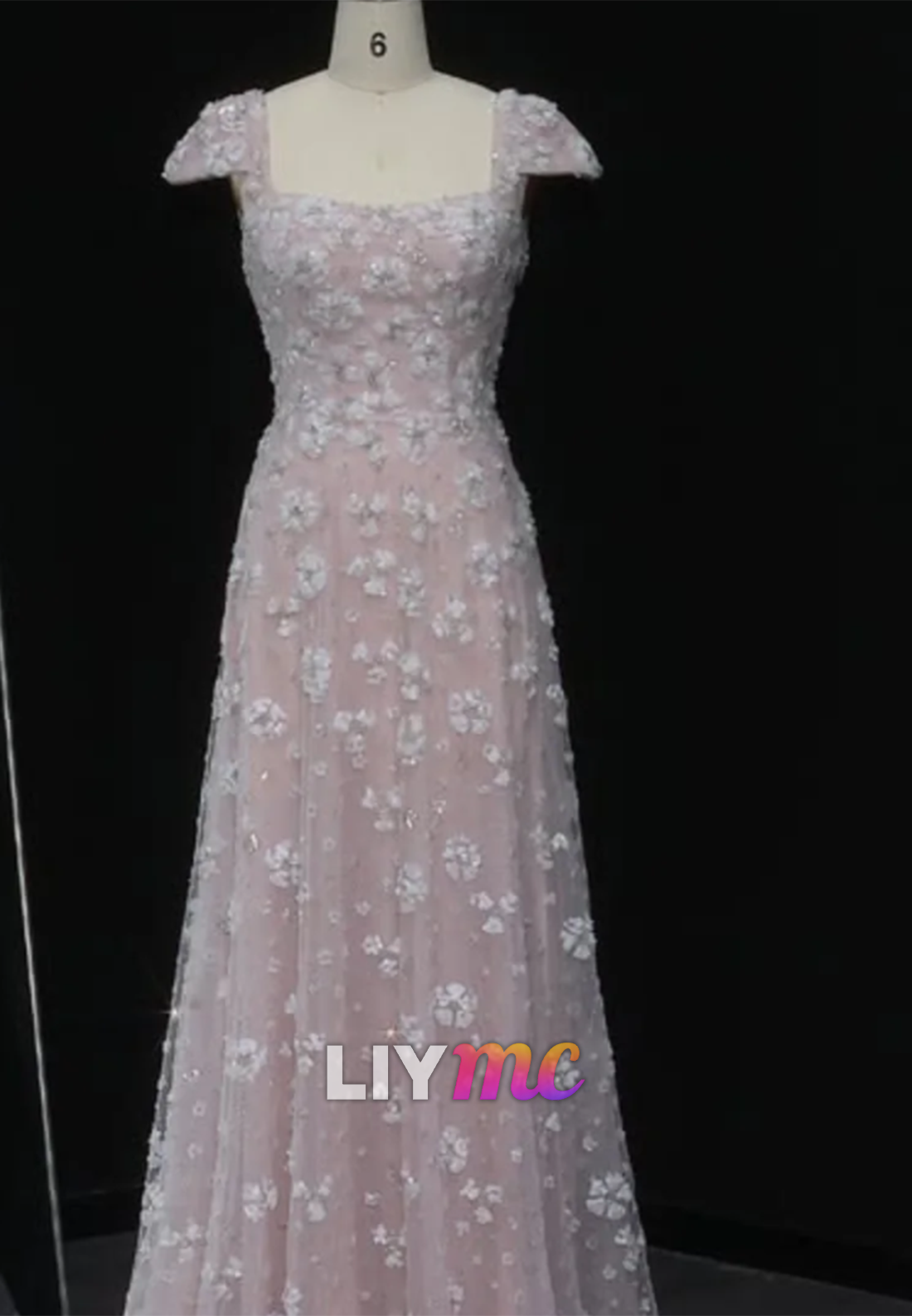 Square Neck 3D Floral Tulle A-Line Gown