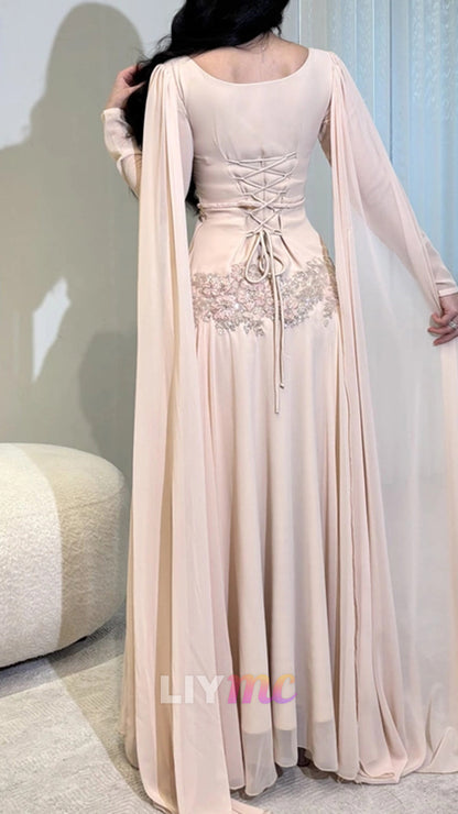 Embroidered Cape-Sleeve Gown with Lace-Up Back