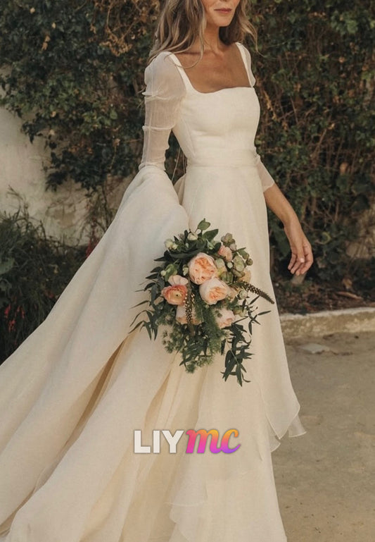 Square Neck Long Sleeve A-Line Wedding Dress