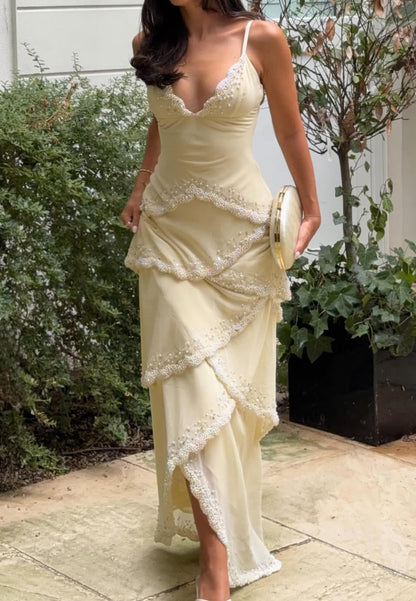 Pearl-Trimmed Tiered Satin Gown with High Slit