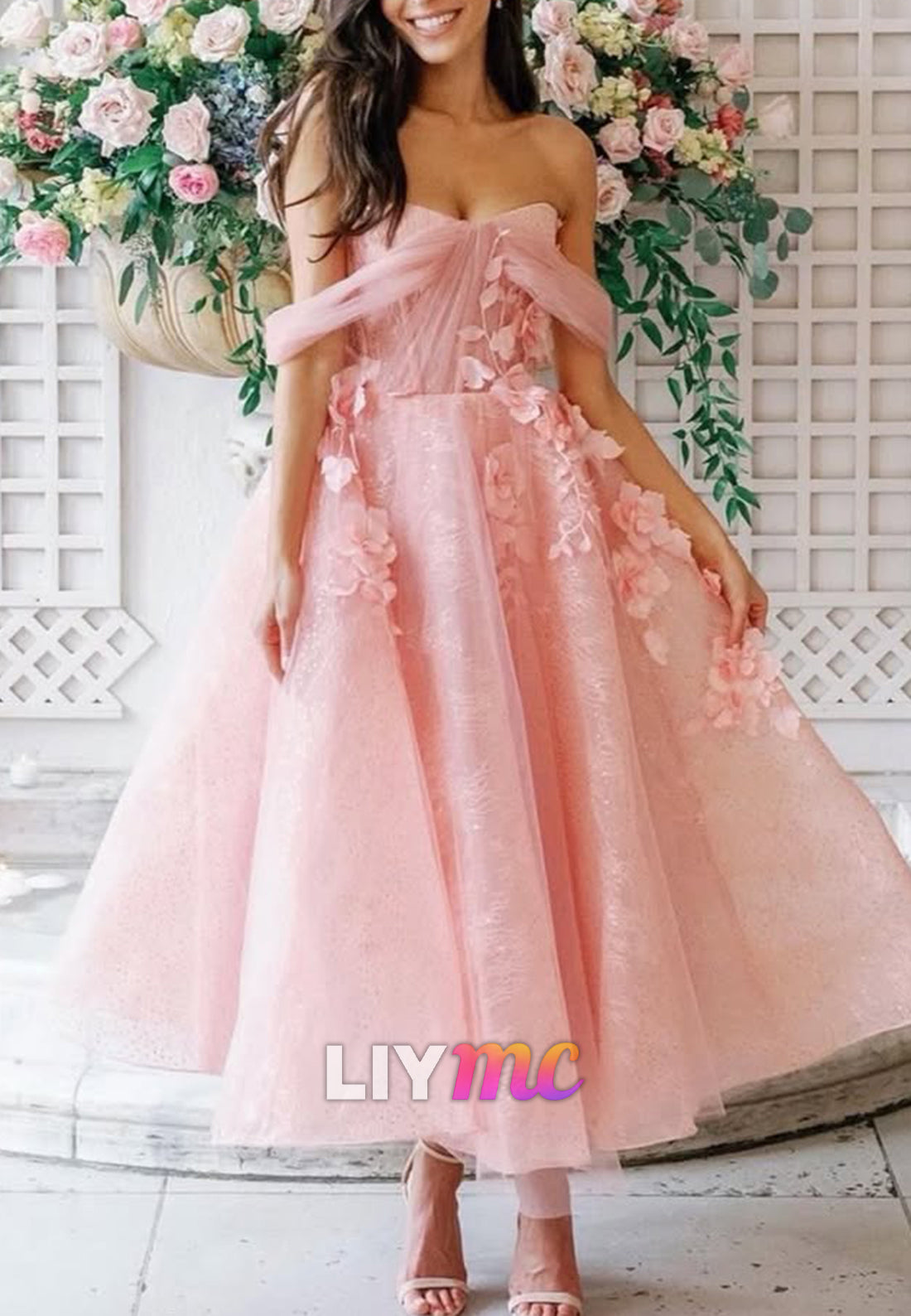 Tea-Length Tulle Ball Gown with 3D Floral Appliques