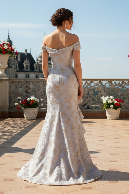 Off-the-Shoulder Metallic Floral Trumpet Gown