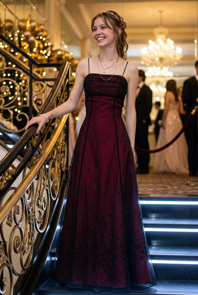 Spaghetti Strap A-Line Gown with Star Overlay
