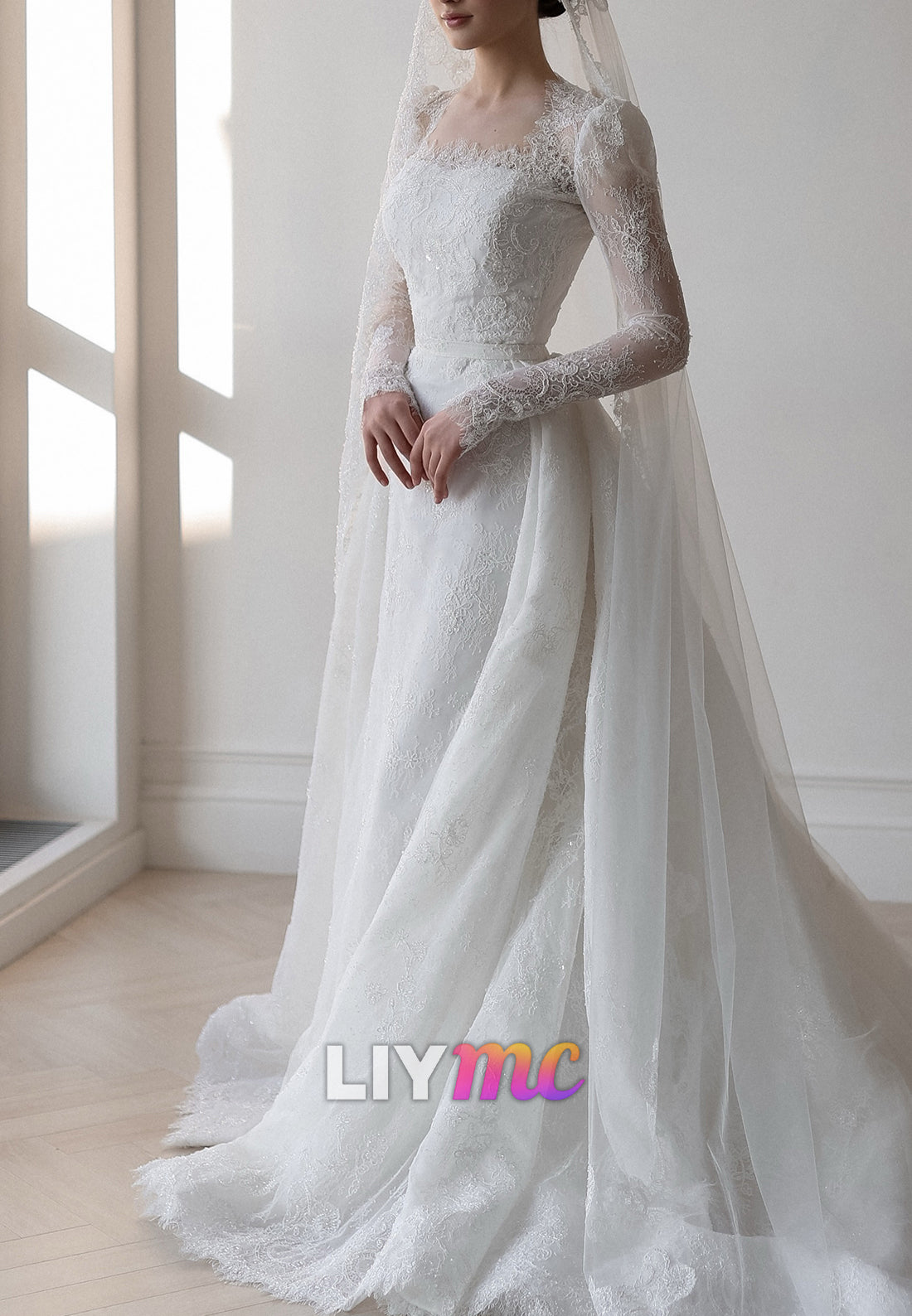 Long Sleeve Lace Wedding Dress with Detachable Train