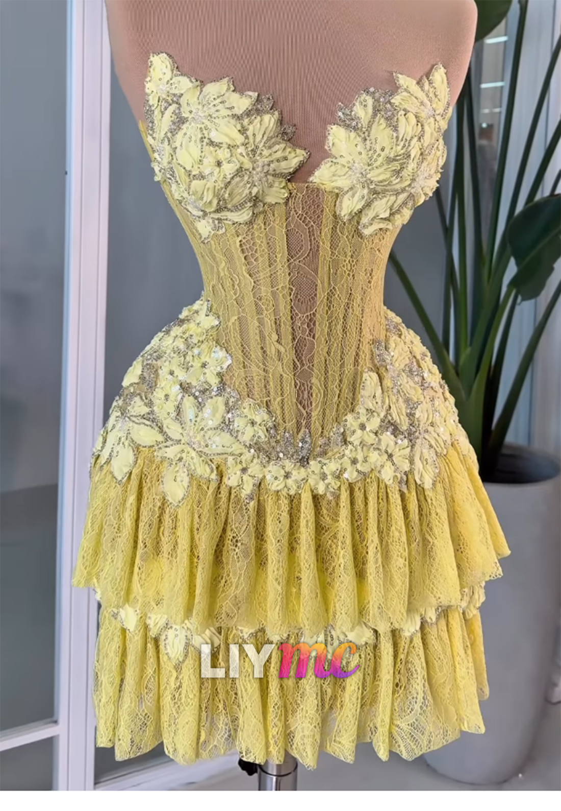 Tiered Lace Mini Dress with Sequin Floral Corset