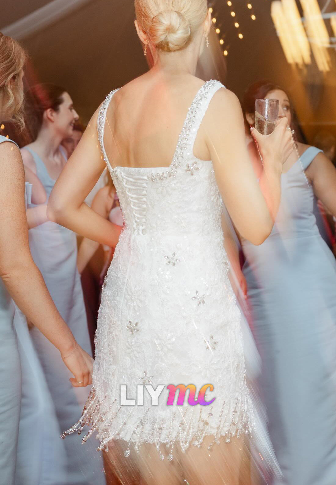 Beaded Fringe Mini Wedding Reception Dress