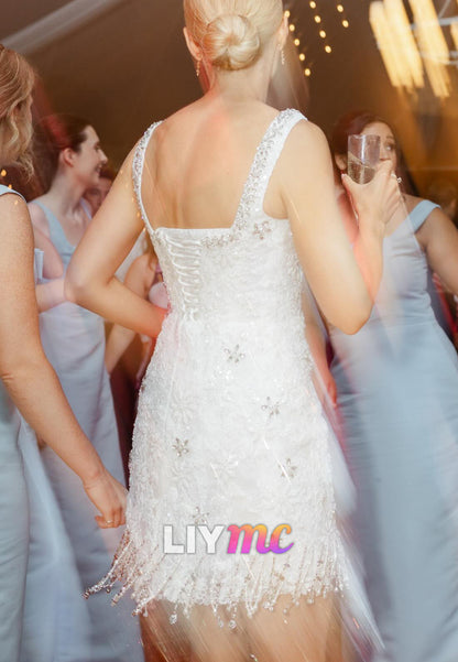 Beaded Fringe Mini Wedding Reception Dress