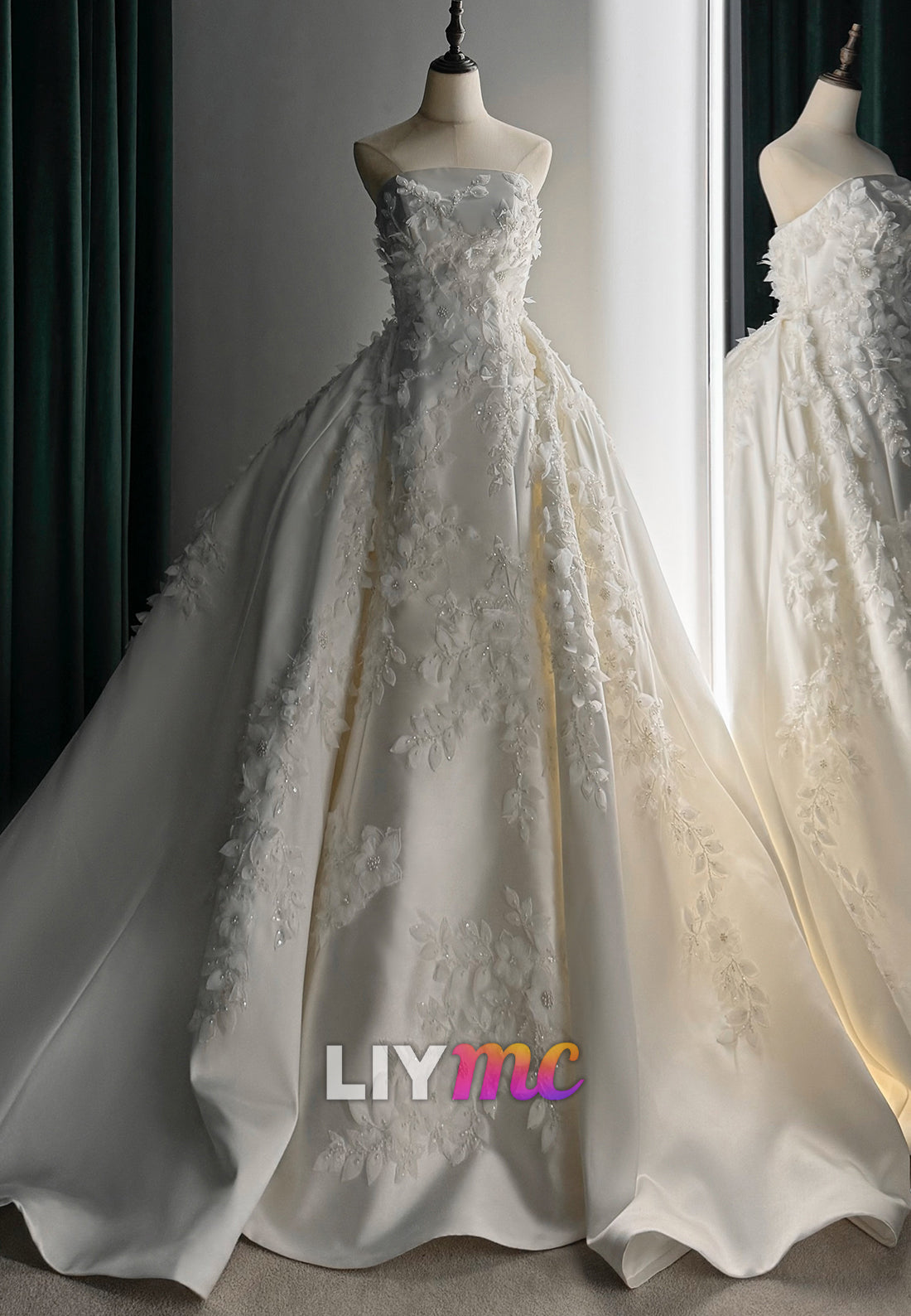 Strapless Ball Gown with 3D Floral Appliques