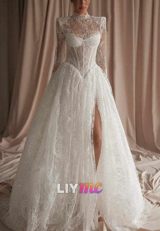 Long Sleeve Lace Corset A-Line Wedding Dress with Slit