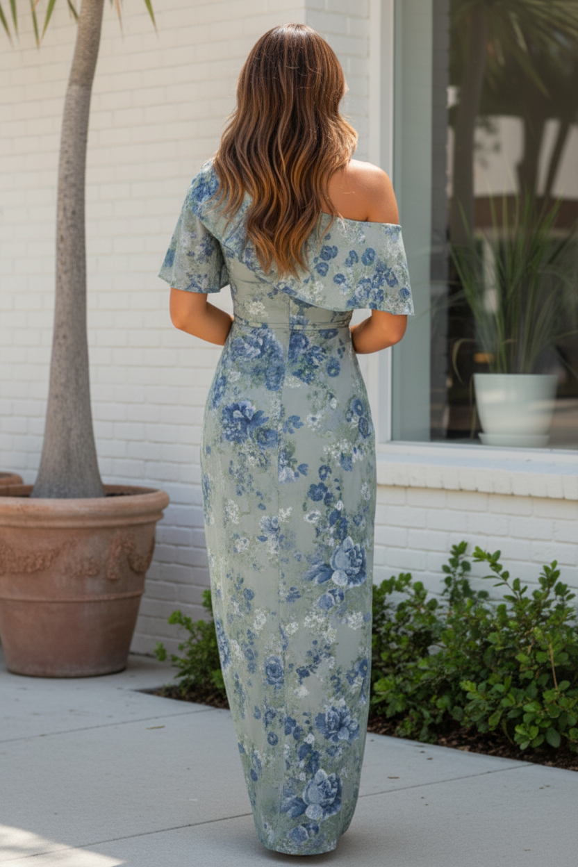 One-Shoulder Floral Chiffon Midi Dress