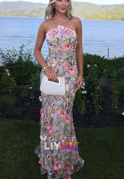 Strapless 3D Floral Applique Mermaid Gown