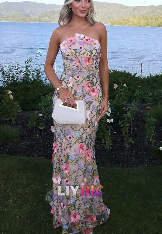Strapless 3D Floral Applique Mermaid Gown