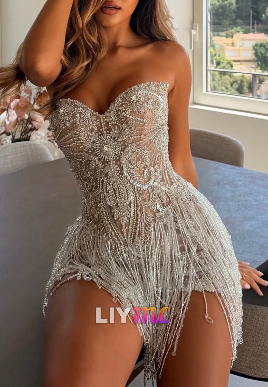 Strapless Beaded Fringe Mini Dress with Corset