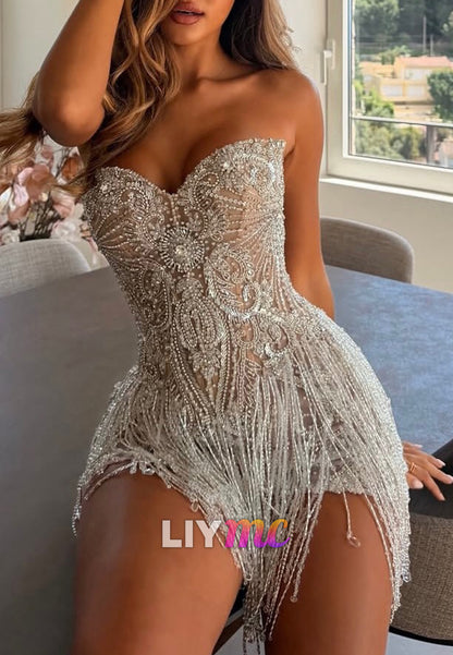 Strapless Beaded Fringe Mini Dress with Corset