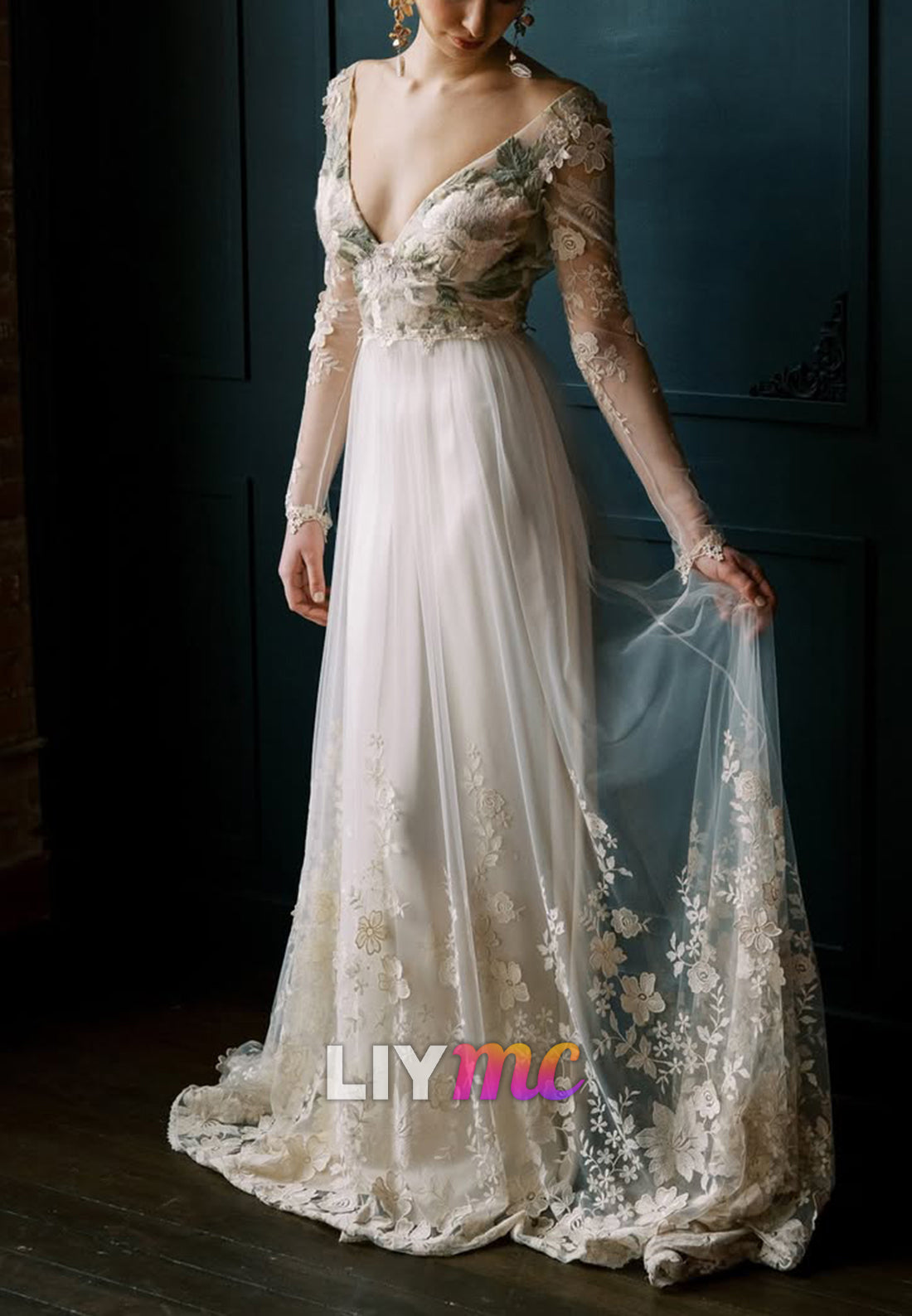 Floral Lace A-Line Wedding Dress with Illusion Sleeves