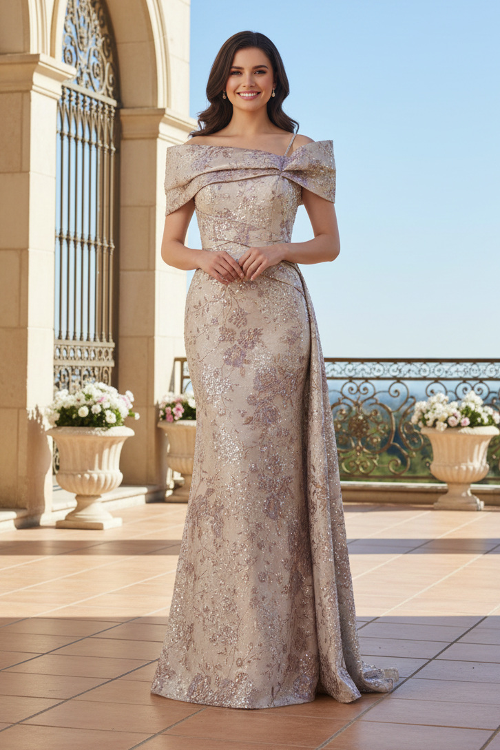 Off-the-Shoulder Jacquard Gown with Side Drape