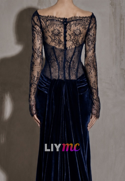 Illusion Lace Corset Velvet Trumpet Gown with Train