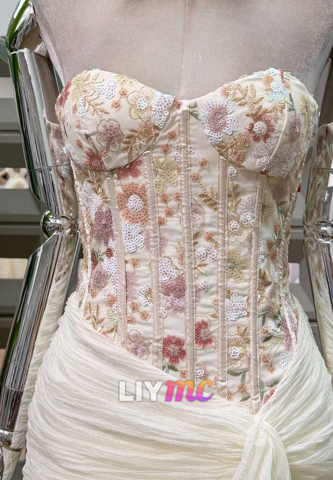 Strapless Floral Corset Chiffon Wedding Dress
