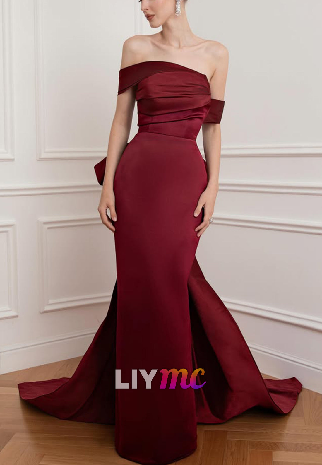 Pleated Off-Shoulder Gown with Peplum Train