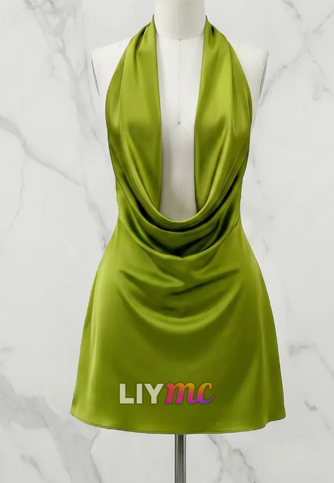 Satin Cowl Neck Halter Mini Dress