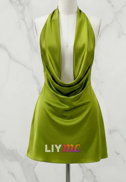 Satin Cowl Neck Halter Mini Dress