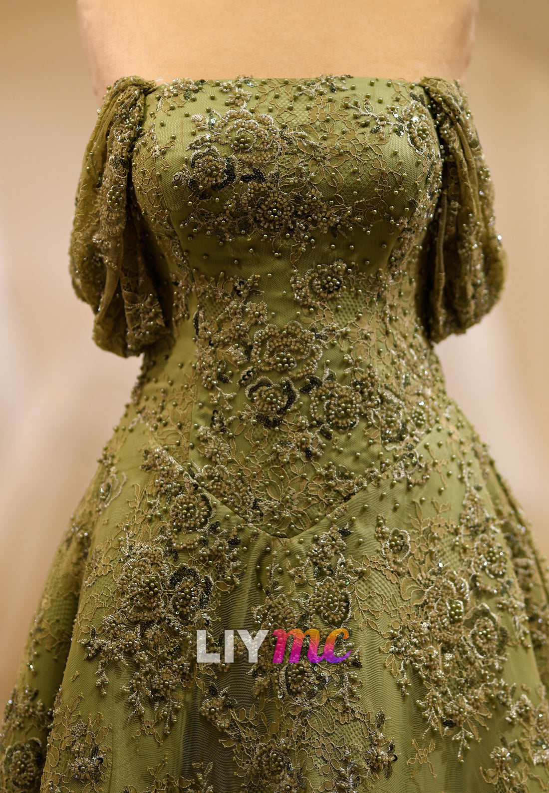 Beaded Floral Embroidery Ball Gown with Off Shoulder