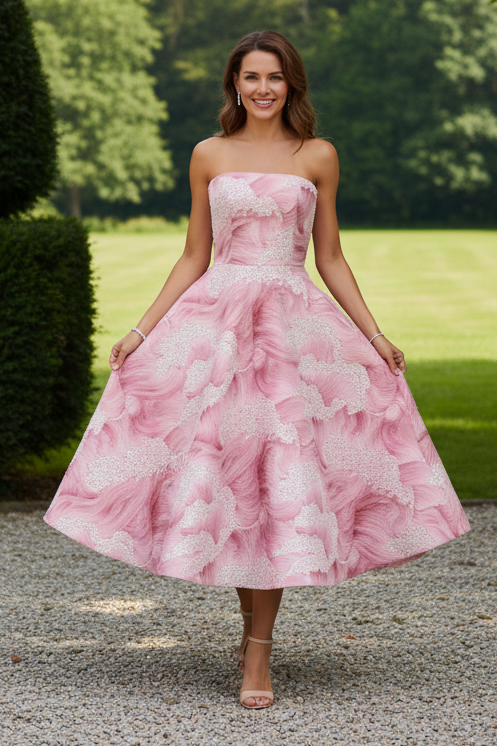 Strapless A-Line Jacquard Tea-Length Dress