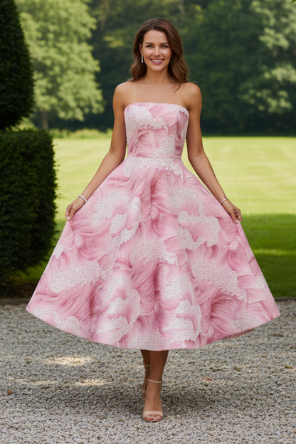 Strapless A-Line Jacquard Tea-Length Dress