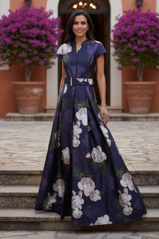 Floral Print Satin Gown with Belted Waist & Cap Sleeves