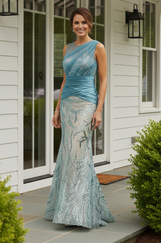 Asymmetrical Illusion Sequin Mermaid Evening Gown