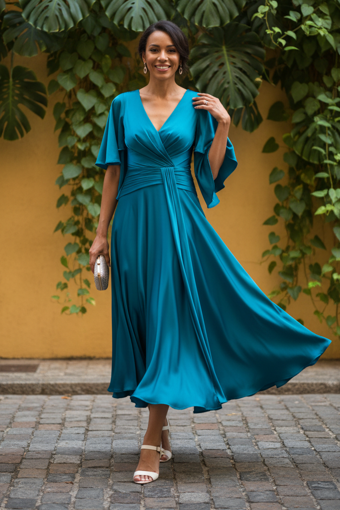V-Neck Flutter Sleeve Pleated Waist Midi Dress