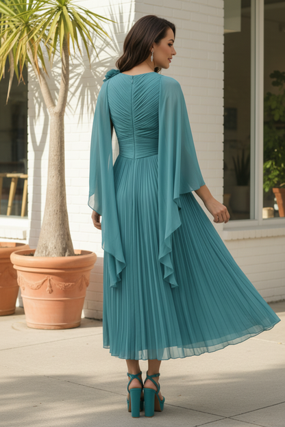 Asymmetrical Pleated Midi Dress with Cape Sleeves