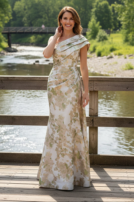 Asymmetric Floral Jacquard Column Gown
