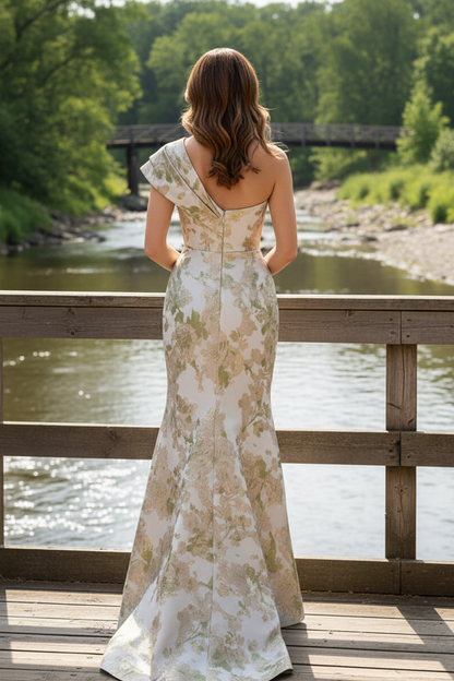 Asymmetric Floral Jacquard Column Gown