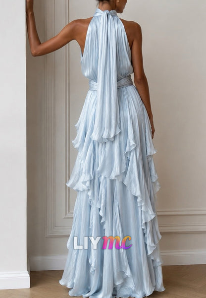 Halter Neck Ruffle Tiered Pleated Maxi Gown