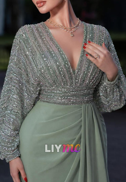 Sequin Beaded Long Sleeve Deep V Evening Gown