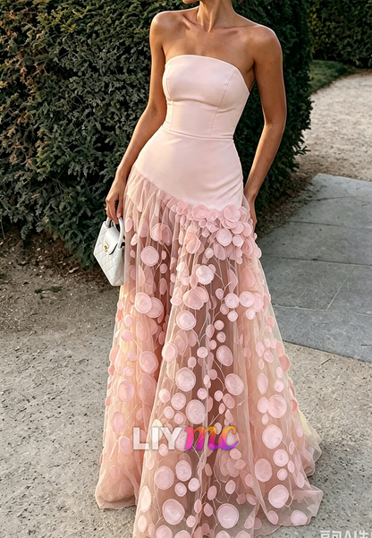 Strapless A-Line Evening Gown with 3D Appliques