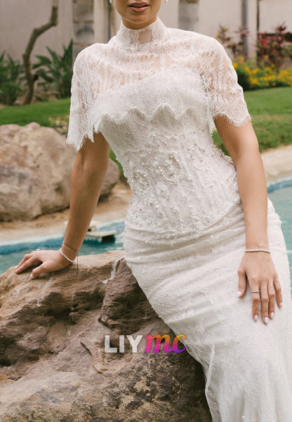 High Neck Lace Sheath Wedding Dress with Capelet
