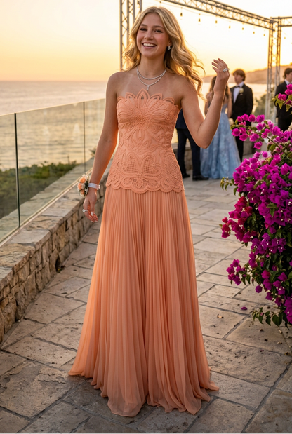 Strapless Embroidered Bodice Pleated Gown