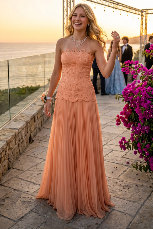 Strapless Embroidered Bodice Pleated Gown
