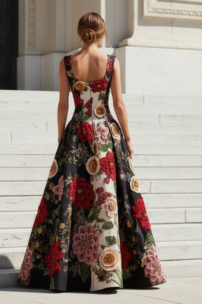 3D Floral Applique Beaded Ball Gown with Pockets