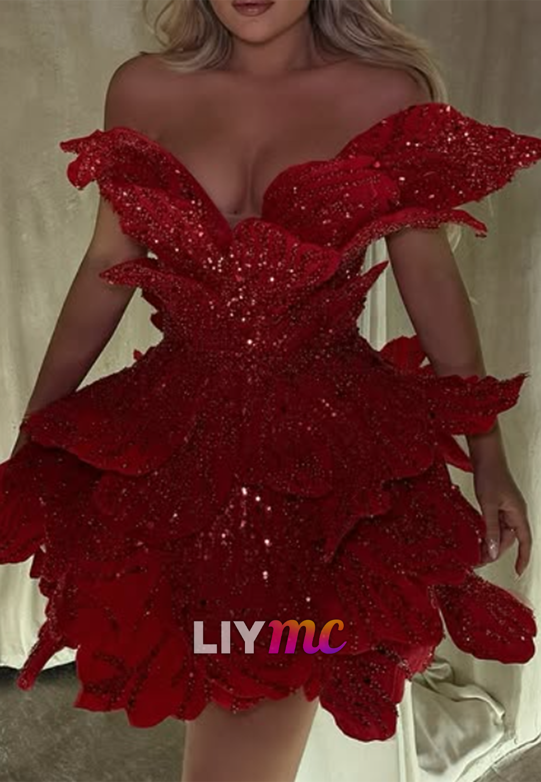 Off-The-Shoulder Tiered Petal Sequin Mini Dress