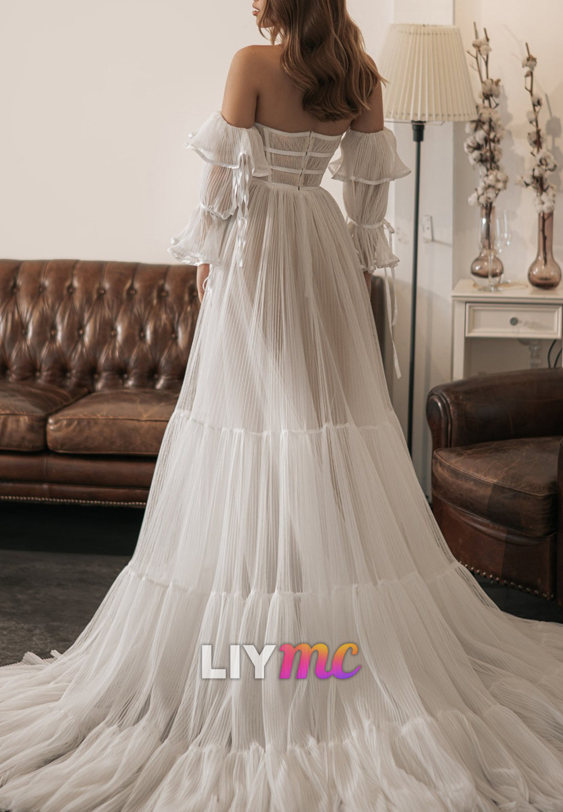 Off-Shoulder Pleated A-Line Wedding Dress with Slit