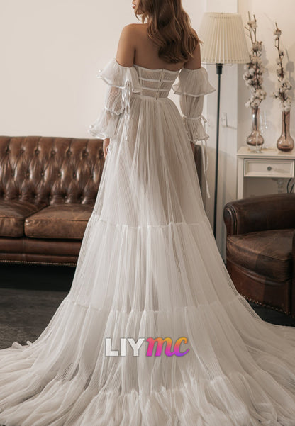 Off-Shoulder Pleated A-Line Wedding Dress with Slit