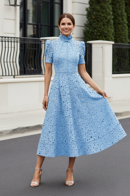 High-Neck Lace Midi Dress with 3D Floral Collar